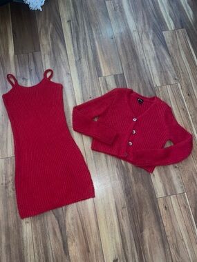 art class Red Ribbed Knit Tank Dress & Button Cardigan Set